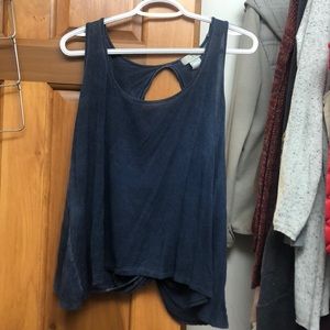 Blue workout tank top known back.